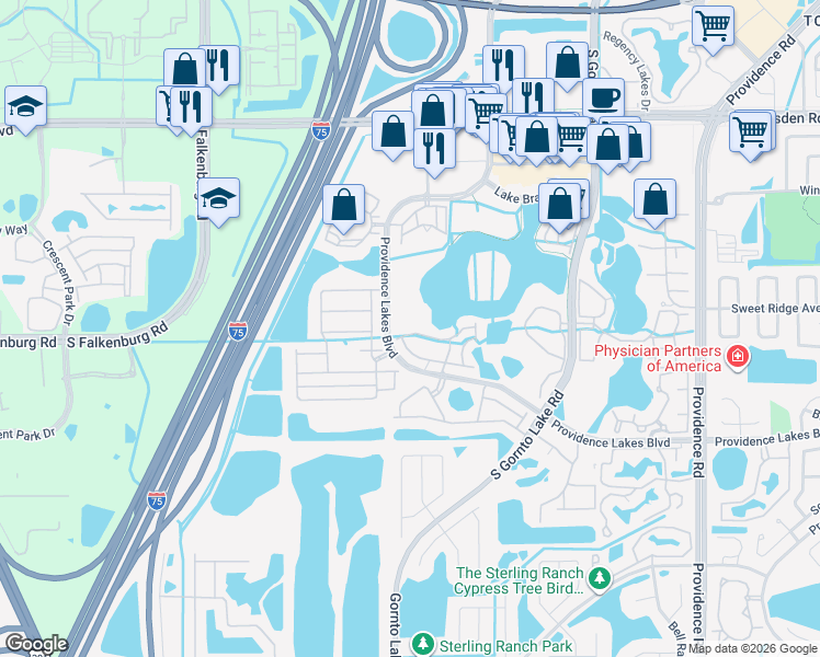 map of restaurants, bars, coffee shops, grocery stores, and more near 2547 Lexington Oak Drive in Brandon