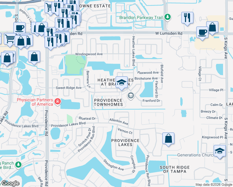 map of restaurants, bars, coffee shops, grocery stores, and more near 1613 Fluorshire Drive in Brandon