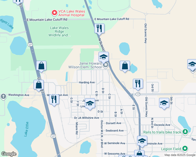 map of restaurants, bars, coffee shops, grocery stores, and more near 473 D Street in Lake Wales