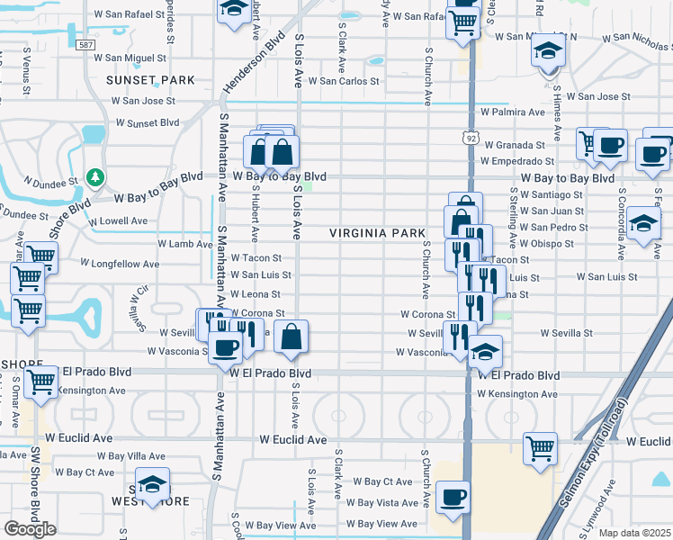 map of restaurants, bars, coffee shops, grocery stores, and more near 4021 West Tacon Street in Tampa
