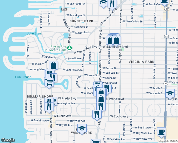 map of restaurants, bars, coffee shops, grocery stores, and more near 4503 West Longfellow Avenue in Tampa