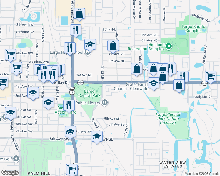map of restaurants, bars, coffee shops, grocery stores, and more near in Largo