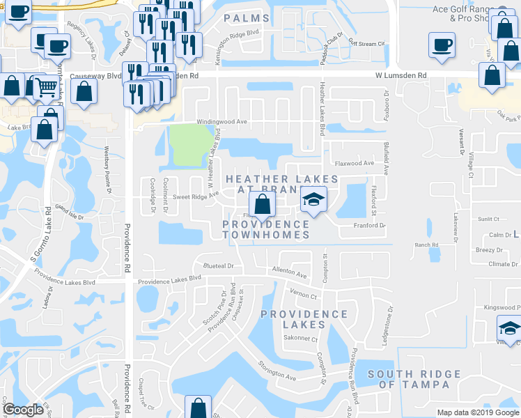 map of restaurants, bars, coffee shops, grocery stores, and more near 1675 Fluorshire Drive in Brandon