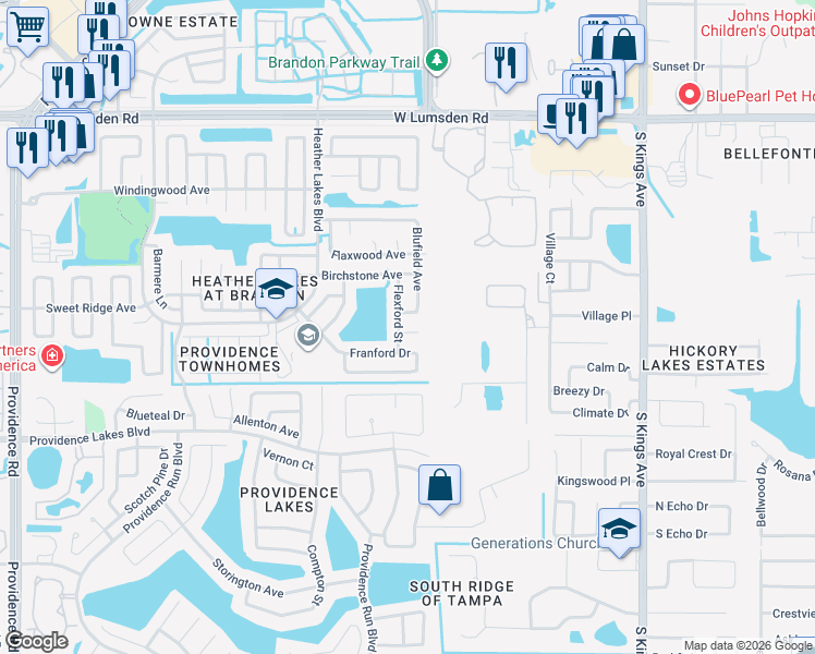 map of restaurants, bars, coffee shops, grocery stores, and more near 1408 Oakford Court in Brandon