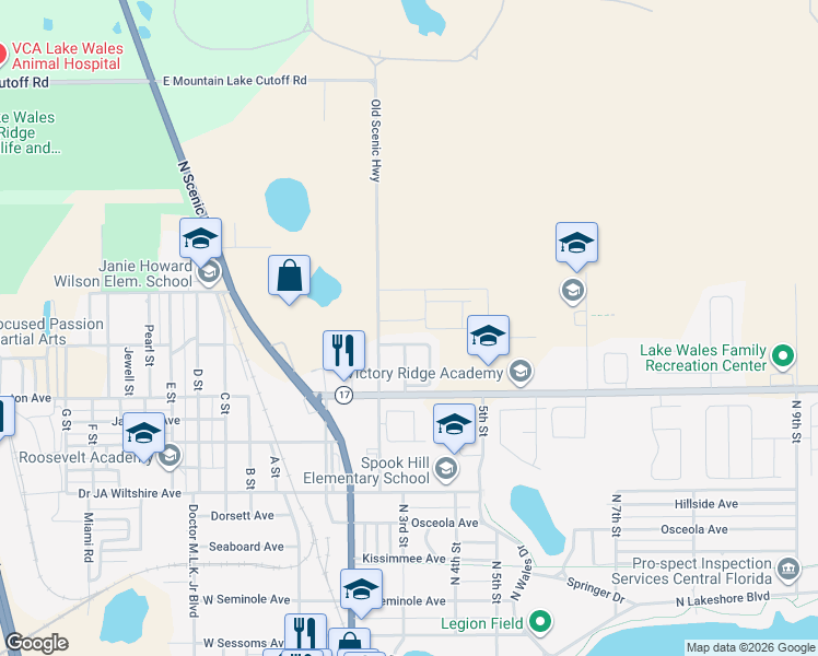 map of restaurants, bars, coffee shops, grocery stores, and more near 988 Lyon Street in Lake Wales