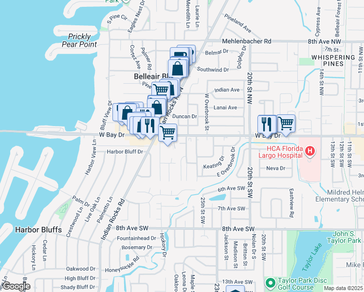 map of restaurants, bars, coffee shops, grocery stores, and more near 2515 West Bay Drive in Belleair Bluffs