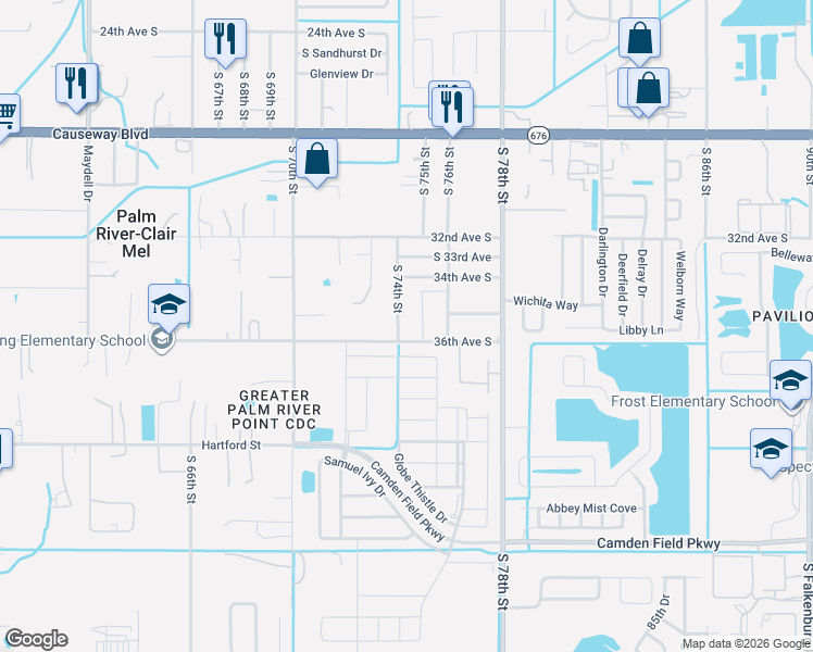 map of restaurants, bars, coffee shops, grocery stores, and more near 3510 South 74th Street in Tampa