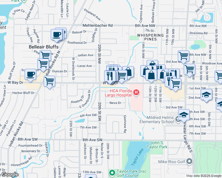 map of restaurants, bars, coffee shops, grocery stores, and more near 1901 West Bay Drive in Largo