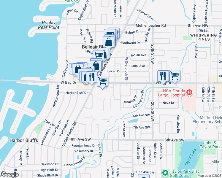 map of restaurants, bars, coffee shops, grocery stores, and more near 2515 West Bay Drive in Belleair Bluffs
