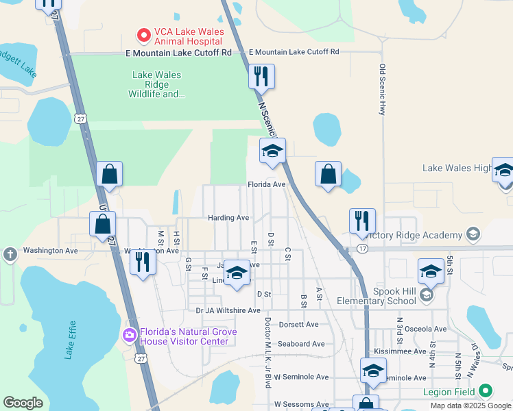 map of restaurants, bars, coffee shops, grocery stores, and more near 473 D Street in Lake Wales