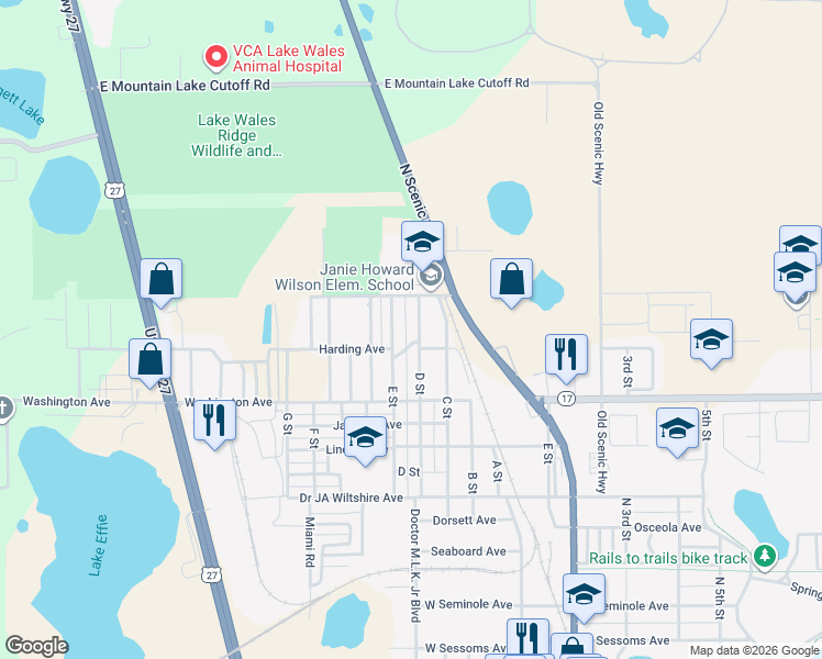 map of restaurants, bars, coffee shops, grocery stores, and more near 473 D Street in Lake Wales