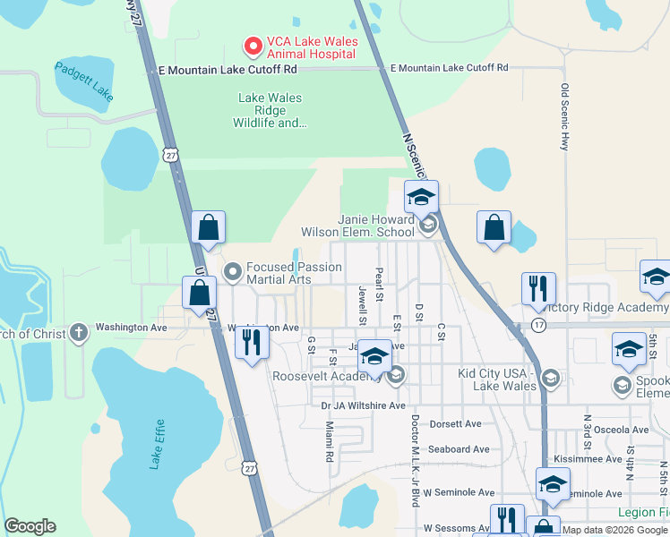 map of restaurants, bars, coffee shops, grocery stores, and more near 432 F Street in Lake Wales