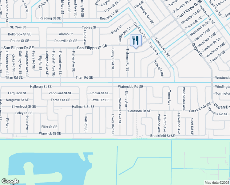 map of restaurants, bars, coffee shops, grocery stores, and more near 612 Waterside Road Southeast in Palm Bay