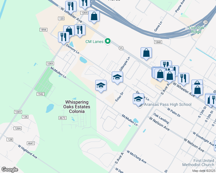 map of restaurants, bars, coffee shops, grocery stores, and more near 127 Pvt Road 120G in Aransas Pass