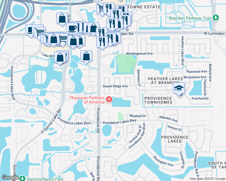 map of restaurants, bars, coffee shops, grocery stores, and more near 1335 Coolmont Drive in Brandon