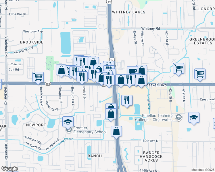 map of restaurants, bars, coffee shops, grocery stores, and more near 5375 East Bay Drive in Largo