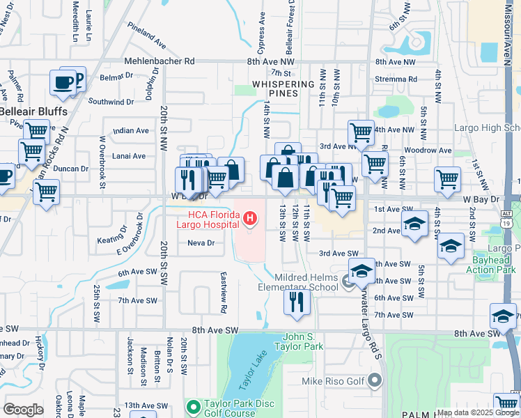 map of restaurants, bars, coffee shops, grocery stores, and more near 1401 West Bay Drive in Largo