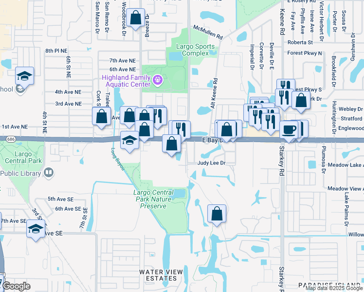 map of restaurants, bars, coffee shops, grocery stores, and more near 1555 East Bay Drive in Largo