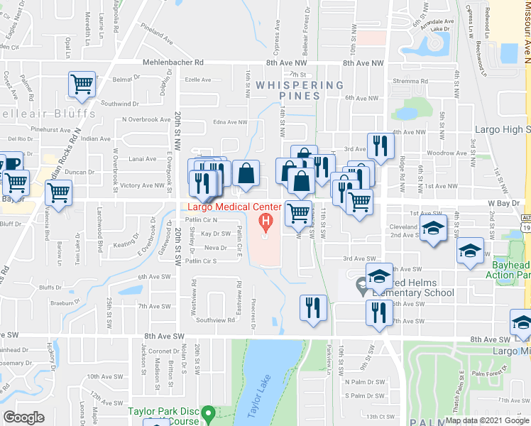 map of restaurants, bars, coffee shops, grocery stores, and more near 1401 West Bay Drive in Largo