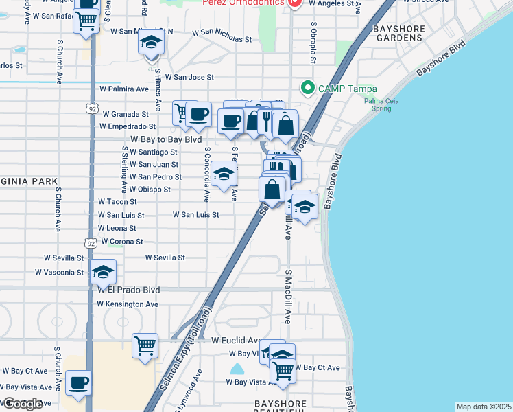 map of restaurants, bars, coffee shops, grocery stores, and more near 3201 West Tacon Street in Tampa