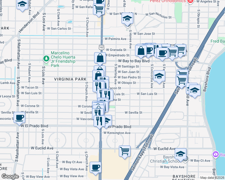 map of restaurants, bars, coffee shops, grocery stores, and more near 3705 West Tacon Street in Tampa