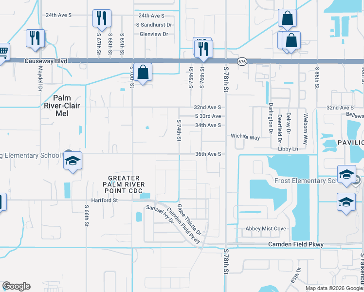 map of restaurants, bars, coffee shops, grocery stores, and more near 3514 South 74th Street in Tampa