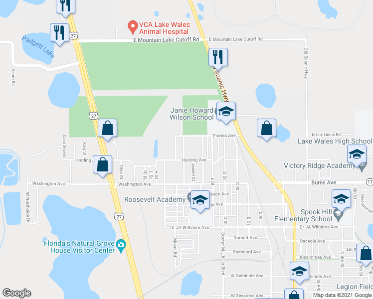 map of restaurants, bars, coffee shops, grocery stores, and more near 394 F Street in Lake Wales