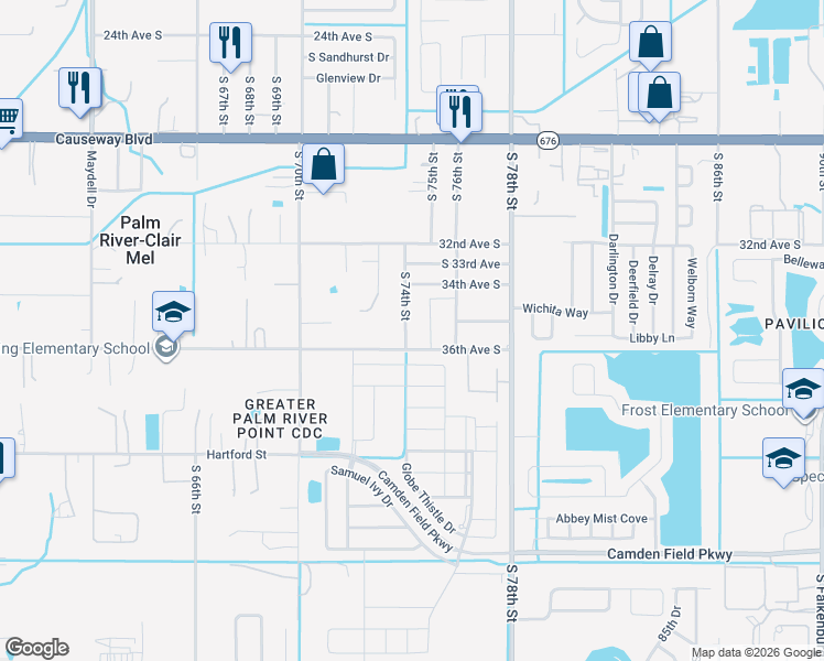 map of restaurants, bars, coffee shops, grocery stores, and more near 3514 South 74th Street in Tampa