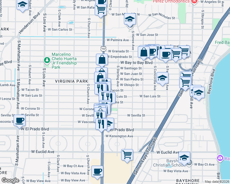 map of restaurants, bars, coffee shops, grocery stores, and more near 3705 West Tacon Street in Tampa