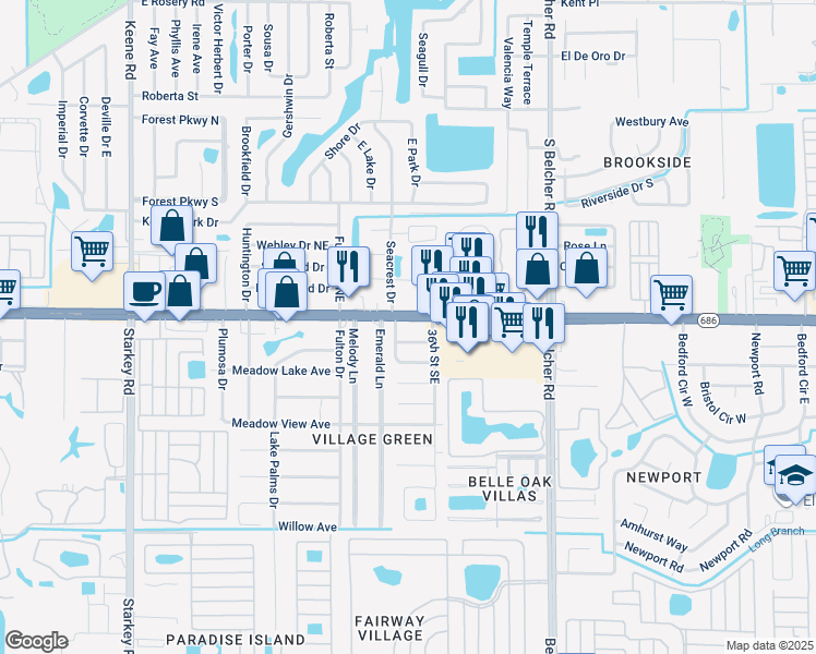 map of restaurants, bars, coffee shops, grocery stores, and more near 3365 East Bay Drive in Largo