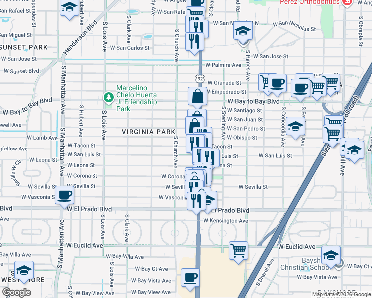 map of restaurants, bars, coffee shops, grocery stores, and more near 3819 West Tacon Street in Tampa