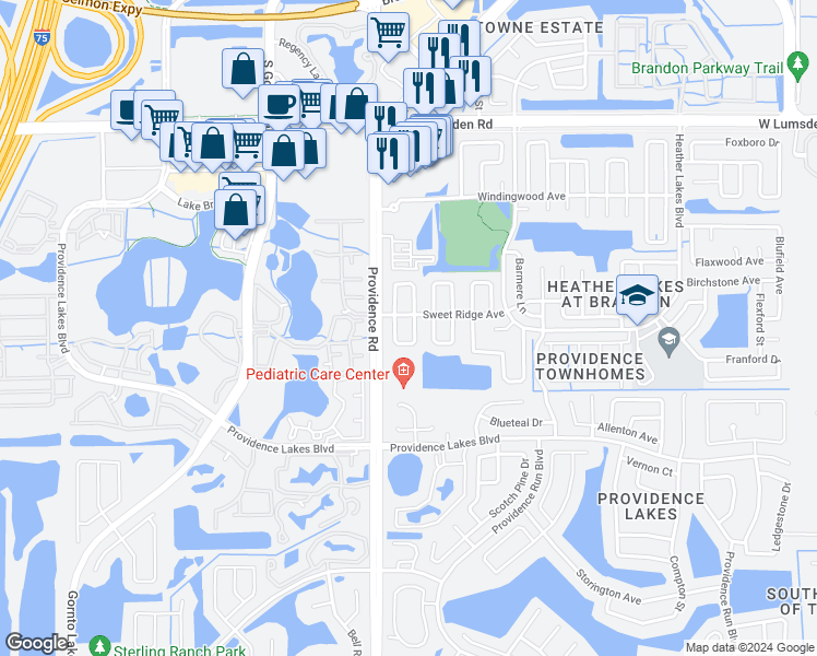 map of restaurants, bars, coffee shops, grocery stores, and more near 1306 Coolridge Drive in Brandon