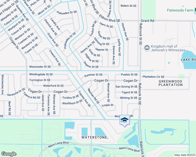map of restaurants, bars, coffee shops, grocery stores, and more near 1472 Summer Street Southeast in Palm Bay