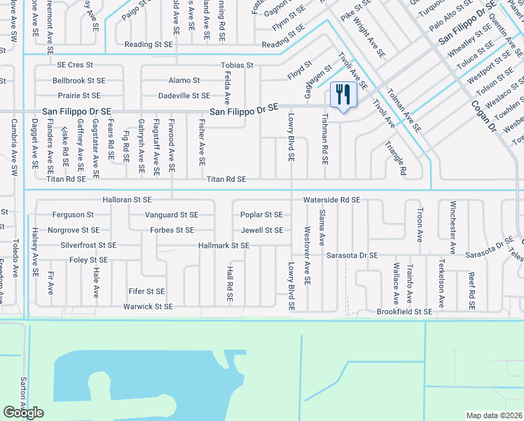 map of restaurants, bars, coffee shops, grocery stores, and more near 551 Poplar Street Southeast in Palm Bay