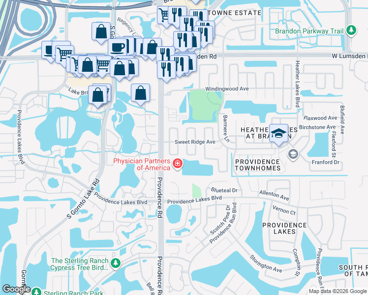 map of restaurants, bars, coffee shops, grocery stores, and more near 1301 Coolridge Drive in Brandon