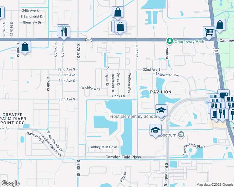map of restaurants, bars, coffee shops, grocery stores, and more near 3233 Delray Drive in Tampa