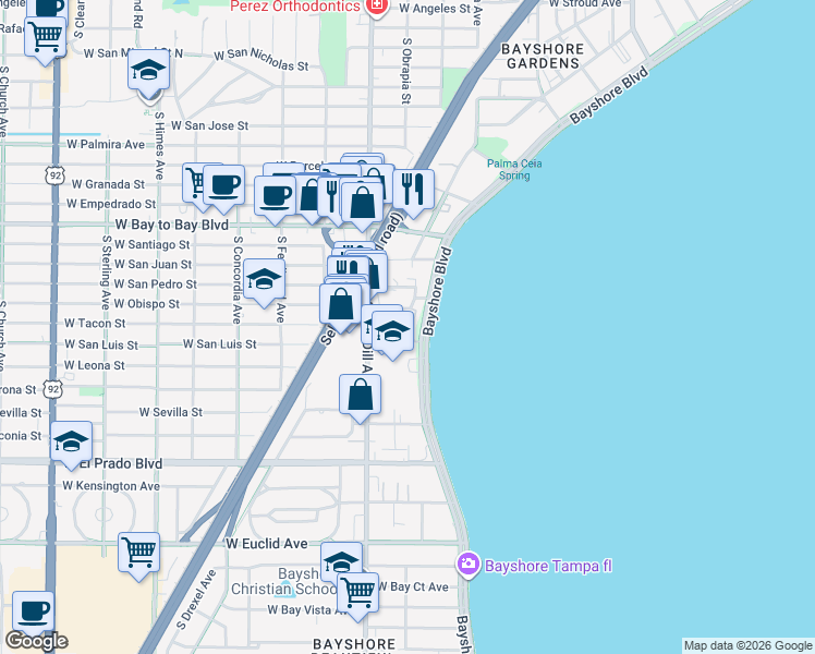 map of restaurants, bars, coffee shops, grocery stores, and more near 30094 West Grovewood Court in Tampa