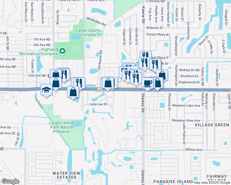 map of restaurants, bars, coffee shops, grocery stores, and more near 1995 Florida 686 in Largo