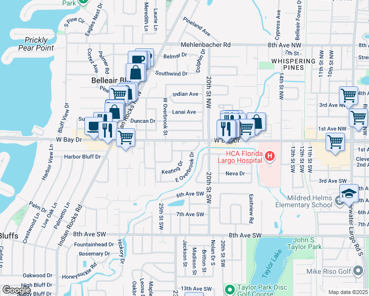 map of restaurants, bars, coffee shops, grocery stores, and more near 2131 West Bay Drive in Largo