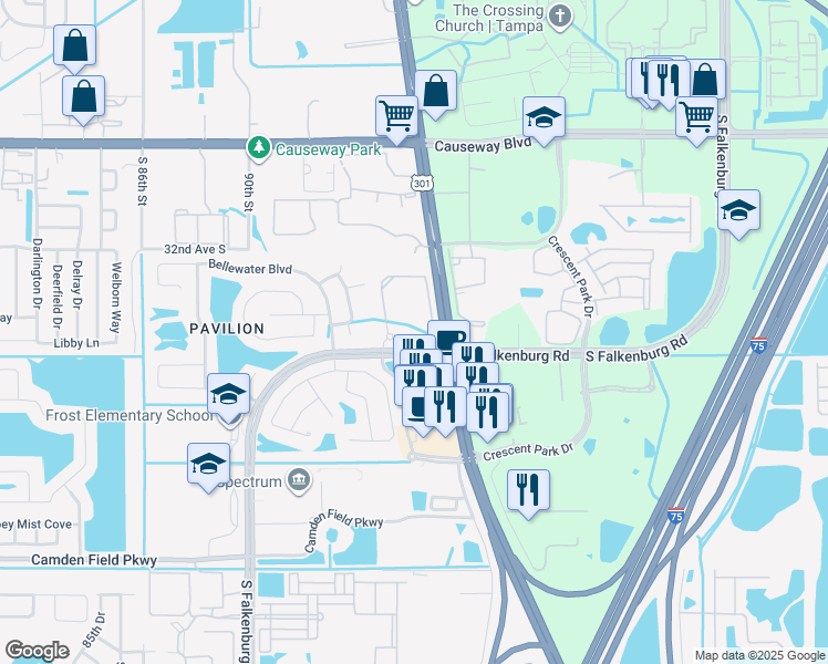map of restaurants, bars, coffee shops, grocery stores, and more near 3537 Pavilion Palms Circle in Riverview