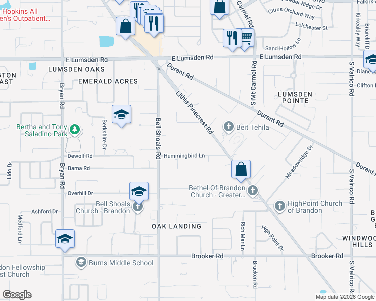 map of restaurants, bars, coffee shops, grocery stores, and more near 1106 Hummingbird Lane in Brandon