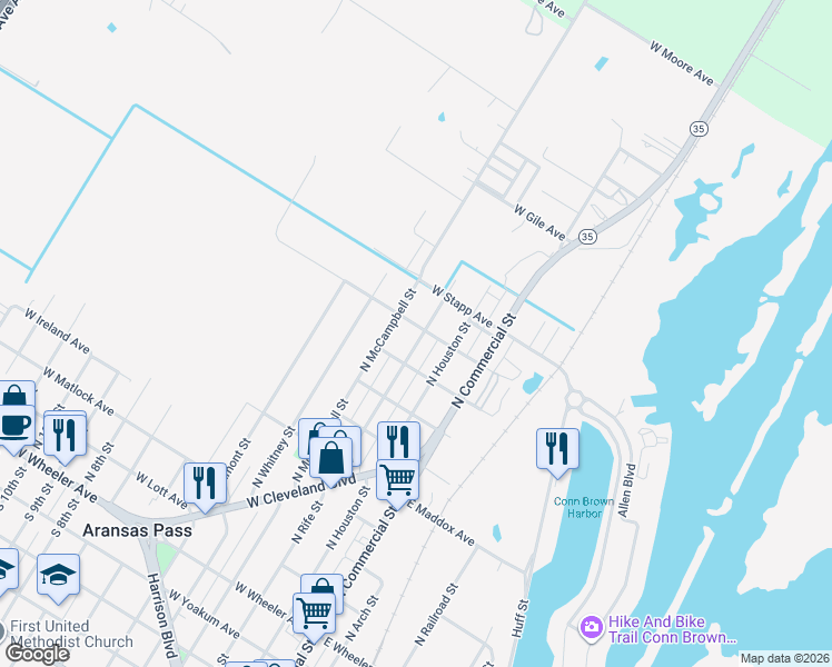map of restaurants, bars, coffee shops, grocery stores, and more near 862 North Rife Street in Aransas Pass