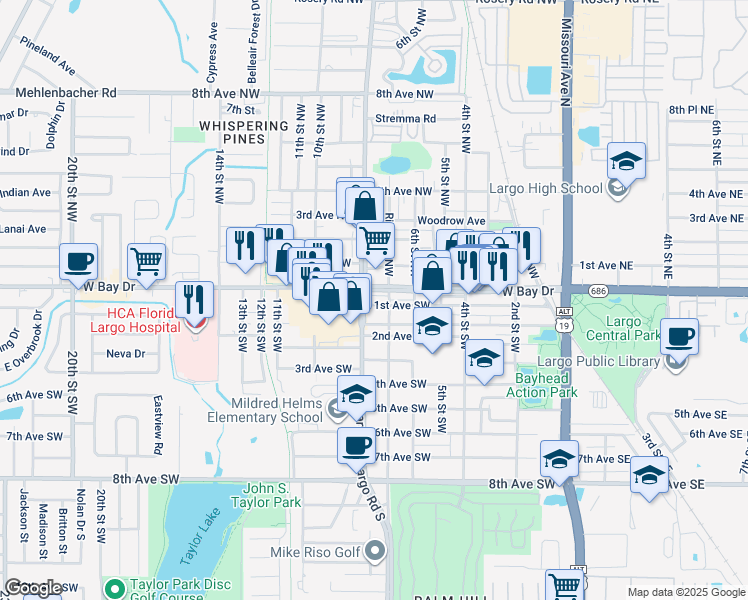 map of restaurants, bars, coffee shops, grocery stores, and more near 701 West Bay Drive in Largo