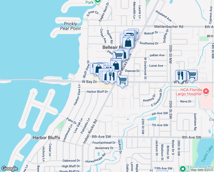 map of restaurants, bars, coffee shops, grocery stores, and more near 2852 West Bay Drive in Belleair Bluffs