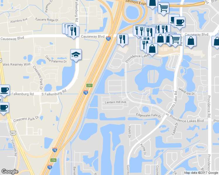 map of restaurants, bars, coffee shops, grocery stores, and more near 2736 Garden Falls Drive in Brandon