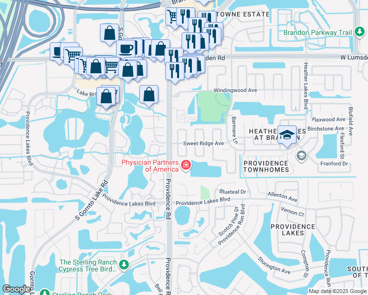 map of restaurants, bars, coffee shops, grocery stores, and more near 1301 Coolridge Drive in Brandon