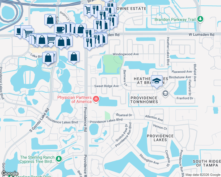 map of restaurants, bars, coffee shops, grocery stores, and more near 1303 Mohrlake Drive in Brandon