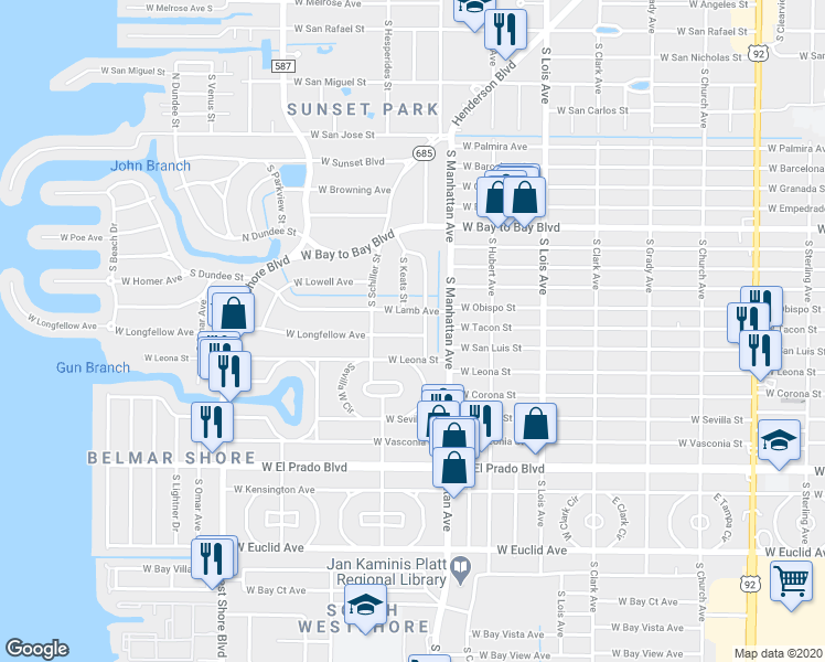 map of restaurants, bars, coffee shops, grocery stores, and more near 4503 West Longfellow Avenue in Tampa
