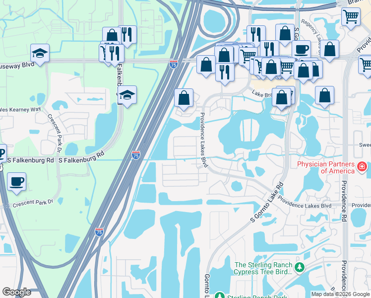 map of restaurants, bars, coffee shops, grocery stores, and more near 2718 Garden Falls Drive in Brandon