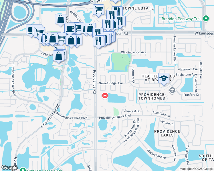 map of restaurants, bars, coffee shops, grocery stores, and more near 1301 Coolridge Drive in Brandon